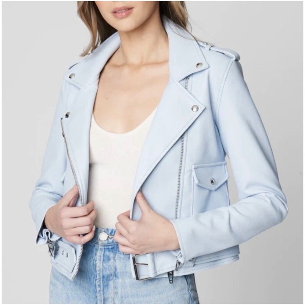 Blank NYC Moto Jacket Women Size M Light Blue Good Faux Leather Asymmetrical Zip